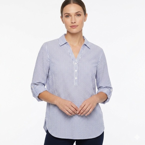 NYDJ Tops - NYDJ Blouse Womens XL Blue White Striped Seersucker Henley Roll Tab Shirt Top